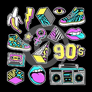 Fashion patches in in 80s-90s memphis style.