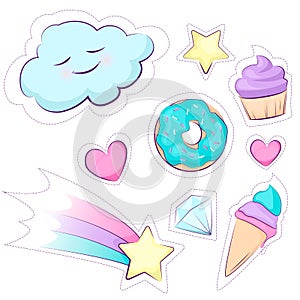 Fashion patches. Set of cute magical sticker rainbow, star, cake, icecream, cloud. Vector design isolated on white background