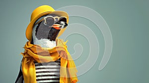 Fashion penguin in yellow hat and scarf, concept of summertime chic.