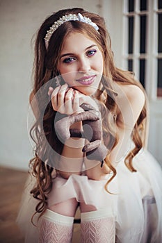 Fashion photo of smiling girl wearing white dress and accessories