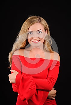 fashion picture of beautiful young blonde woman wearing red dress nice makeup