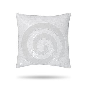 Fashion pillow isolated on white background. Shiny cushion for interior decor. Clipping paths object