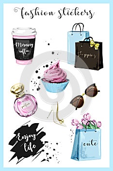 Fashion planner girl stickers with coffee cup, shopping bags, perfume, shoe, sunglasses, flowers, cupcake and slogan sticker.