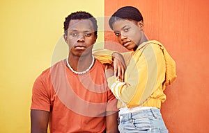 Fashion portrait of African couple, people or friends relax with designer brand clothes, casual style and luxury apparel