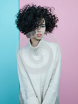 Fashion portrait of beautiful asian woman in oversize pullover