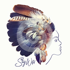 Fashion portrait of beautiful woman with Native American Indian Feather Headdress made with real feathers. Creative tribal illustr