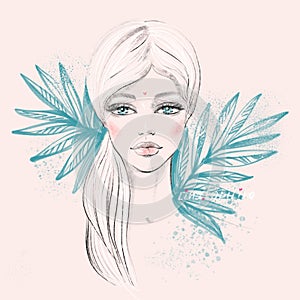 Fashion portrait of a doll beautiful young female face with big eyes with a tropical plants in a sketch trendy style on
