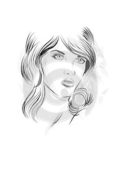 Fashion portrait drawing sketch. Vector illustration of a young woman face. Hand drawn fashion model face