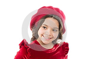 Fashion portrait of fashionable girl wearing trendy hat. beautiful happy smiling girl. kid from paris. French style