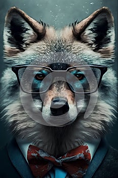 Fashion portrait of a fox with glasses and bow tie. Hipster style.