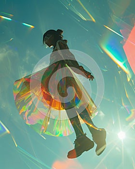 Fashion portrait of futuristic woman wearing floating 3D iridescent glass dress, organic forms, light refraction
