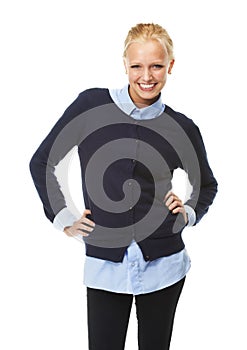 Fashion, portrait and happy woman in studio with confidence, style or playful attitude on white background. Face, smile