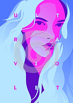 Fashion portrait of a model girl and neon light. Ultraviolet trendy colors poster or flyer. photo