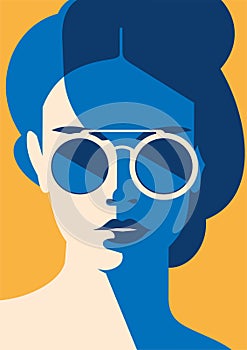 Fashion portrait of a model girl with sunglasses. Retro trendy colors poster or flyer.