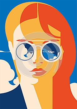 Fashion portrait of a model girl with sunglasses. Time to Travel and Summer Holiday poster. photo