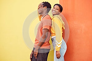 Fashion portrait, people or couple of African friends relax with designer brand clothes, casual style and luxury apparel