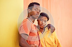 Fashion portrait, people or couple of African friends relax with designer brand clothes, casual style and luxury apparel