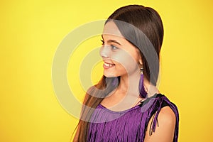 Fashion portrait of pretty teen girl. Latin or hispanic teenager child. Happy teenager, positive and smiling emotions.