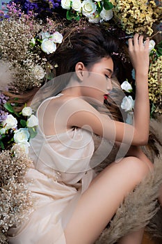 Fashion Portrait Profile Asian Woman flower field sleep