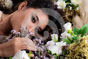 Fashion Portrait Profile Asian Woman flower field sleep