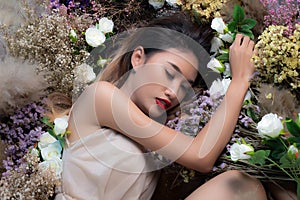 Fashion Portrait Profile Asian Woman flower field sleep