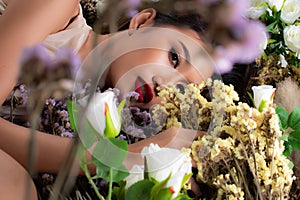 Fashion Portrait Profile Asian Woman flower field sleep