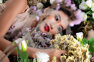 Fashion Portrait Profile Asian Woman flower field sleep