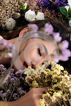 Fashion Portrait Profile Asian Woman flower field sleep