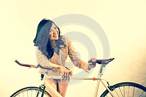 Fashion portrait in studio of beautiful young asian smiling woman feeling happy in success life