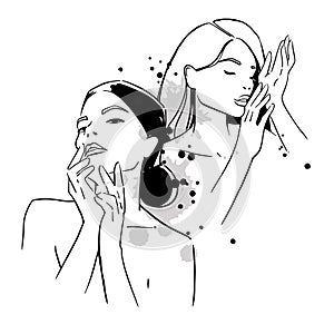 Fashion portrait of two young women, beauty line art drawing