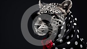 Fashion portrait of a white leopard in glasses and a scarf with red flowers on a black background. Animal character close up