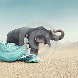 Fashion portrait of young woman posing next to elephant