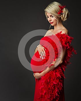 Fashion Pregnant Woman Side view Portrait in Red Dress over Black. Elegant Mother embracing Belly in Gown with evening Hairstyle.