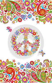 Fashion print with colorful floral summery seamless border and hippie peace flowers symbol for shirt design and hippy party poster photo