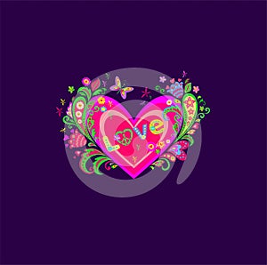 Fashion print on dark violet background for wedding and Valentineâ€™s day design, t-shirt, hippy party poster with pink heart shap