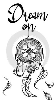 Fashion print dream on dreamcather tattoo mehndi design with feathers . black doodle hand drawn contour outline isolated on white
