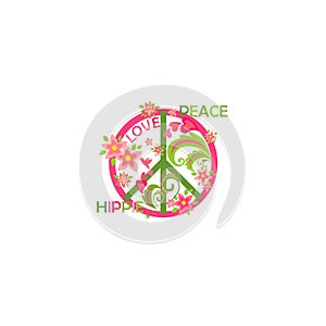 Fashion print for girl tee, t shirt, poster, scrapbook with hippy peace sign, flowers, bird and pink hearts