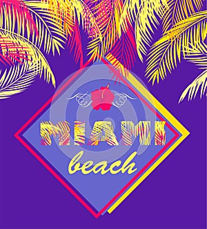 Fashion print with Miami beach lettering with yellow and pink palm leaves on violet background for Tshirt, bag, label, tags, summe
