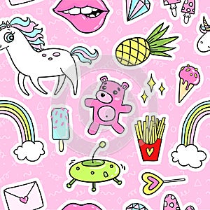 Fashion quirky cartoon doodle seamless pattern with cute elements