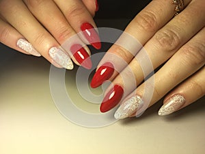 fashion red manicure with bright white design