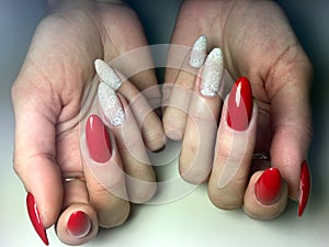 fashion red manicure with bright white design