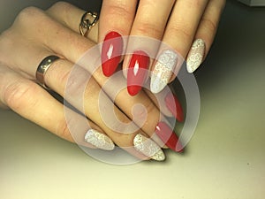 fashion red manicure with bright white design