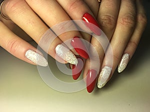fashion red manicure with bright white design