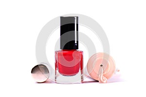 Fashion red nail polish bottle, maskara and foundation. Makeup equipment tools.