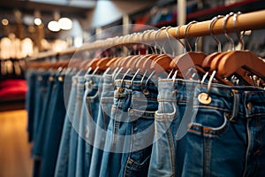 Fashion retail allure Denim pants hanging on rack in clothing