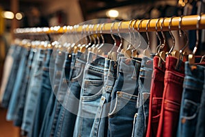 Fashion retail allure Denim pants hanging on rack in clothing