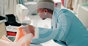 Fashion retail, laptop and small business owner working on a stock checklist in a clothing store in shopping mall