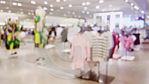 Fashion, retail and shop, blurred interior view of apparel clothing store in luxury shopping mall as defocused