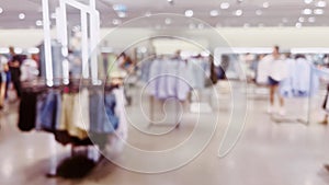 Fashion, retail and shop, blurred interior view of apparel clothing store in luxury shopping mall as defocused