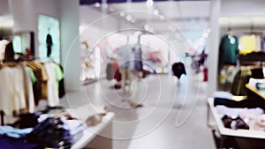 Fashion, retail and shop, blurred interior view of apparel clothing store in luxury shopping mall as defocused